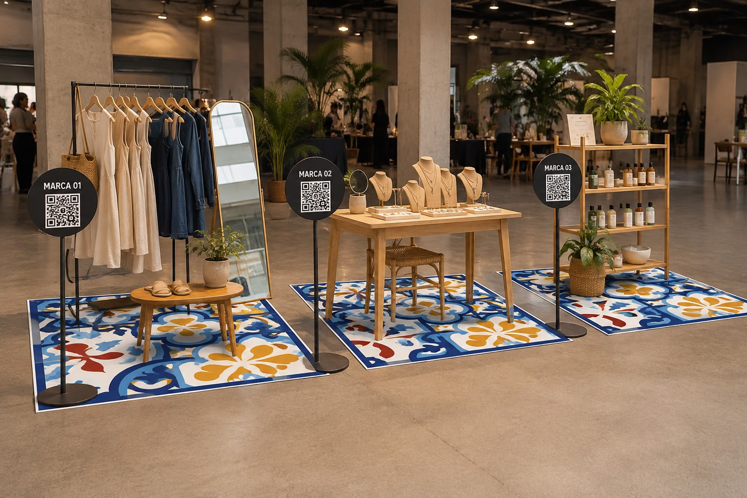 Render de stands 2x2 m con piso, aviso de marca y código QR — Feria TLP Gastro Río